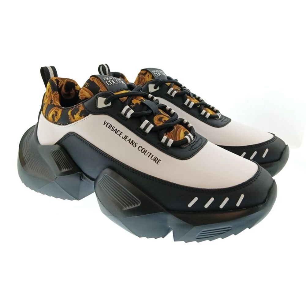 Versace Jeans Couture Mens Black / White / Gold Baroque Accent Chunky Sneakers